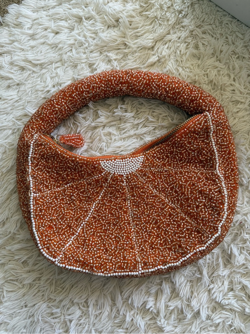 Anthropologie Orange Beaded Crescent Shoulder Bag with White Accents